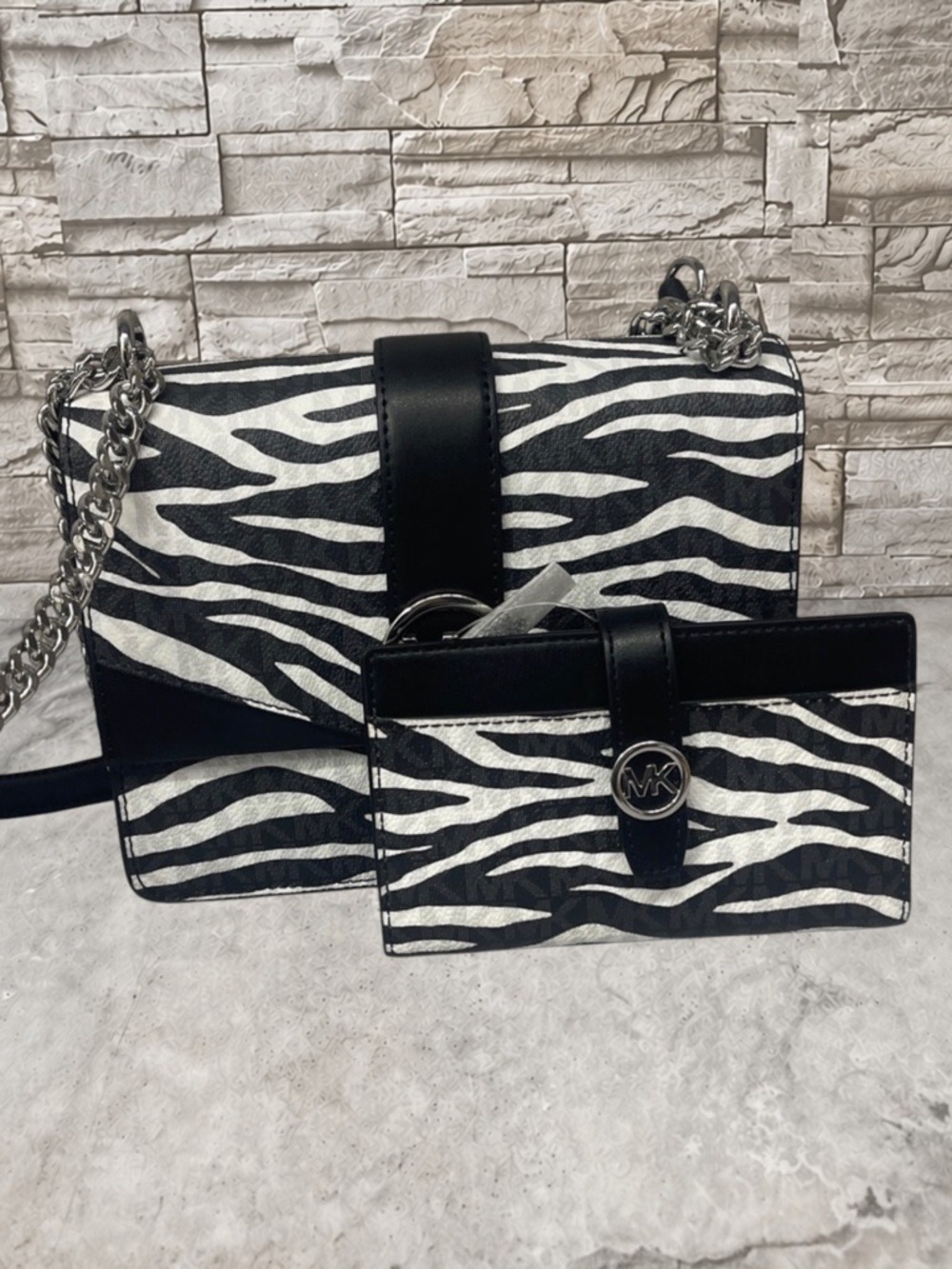 Michael Kors Greenwich Zebra Stripe Crossbody Bag & Matching Wallet Black White